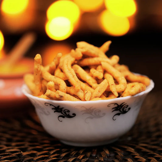 Kara sev served as a crispy chai-time snack – traditional South Indian savoury by Dr. Renga's Solar Delights