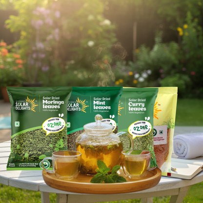 Natural energy boost Herbal Energy Combo with superfood moringa leaves, solar-dried mint for digestion, curry leaves for nutrients, and jaggery for stamina - chemical-free alternative to energy drinks