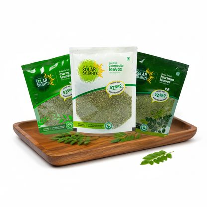 Natural Herbal Leaf Fusion for Daily Wellness 300g from Dr. Renga's Solar Delights featuring solar-dried composite leaves, nutrient-rich moringa, and dried curry leaves - chemical-free herbal blend for everyday health