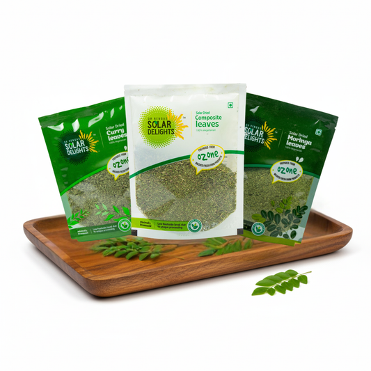 Natural Herbal Leaf Fusion for Daily Wellness 300g from Dr. Renga's Solar Delights featuring solar-dried composite leaves, nutrient-rich moringa, and dried curry leaves - chemical-free herbal blend for everyday health