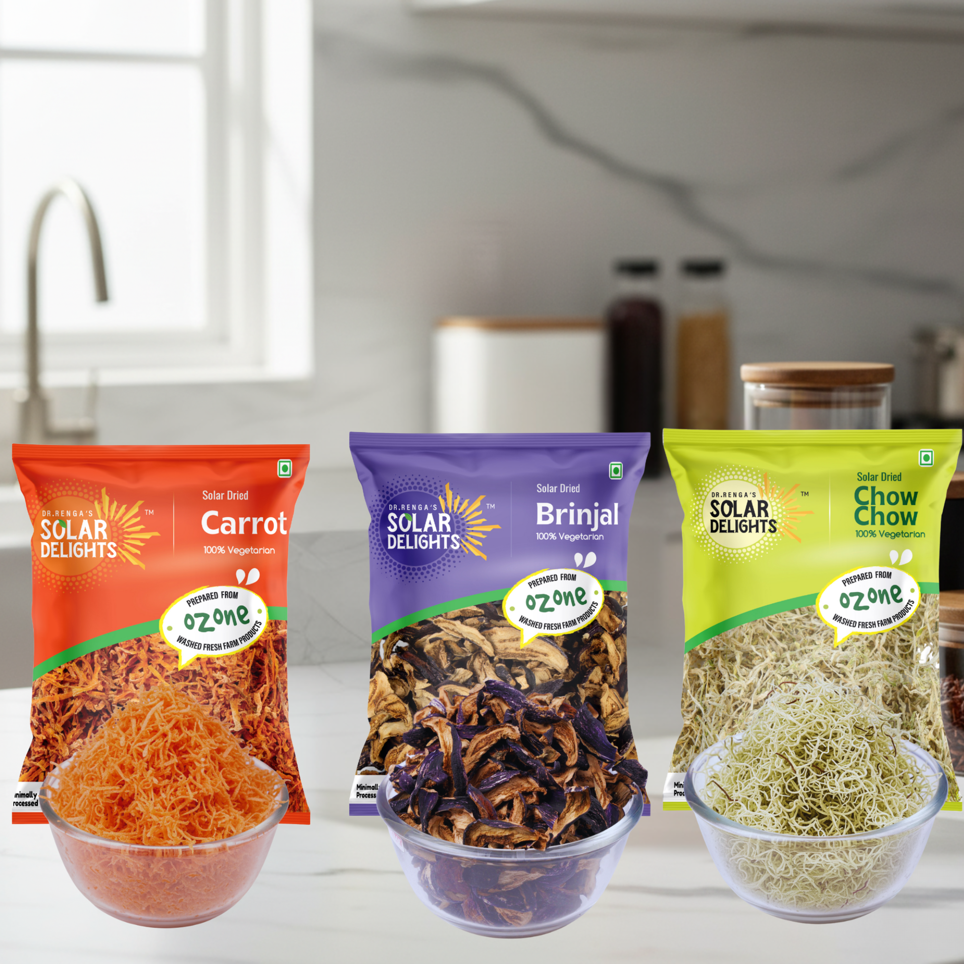 North Indian Cooking Combo from Dr. Renga's Solar Delights featuring solar-dried chow chow, dehydrated brinjal, and dried carrot - chemical-free vegetable combo essential for authentic North Indian cooking