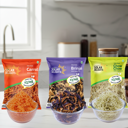 North Indian Cooking Combo from Dr. Renga's Solar Delights featuring solar-dried chow chow, dehydrated brinjal, and dried carrot - chemical-free vegetable combo essential for authentic North Indian cooking