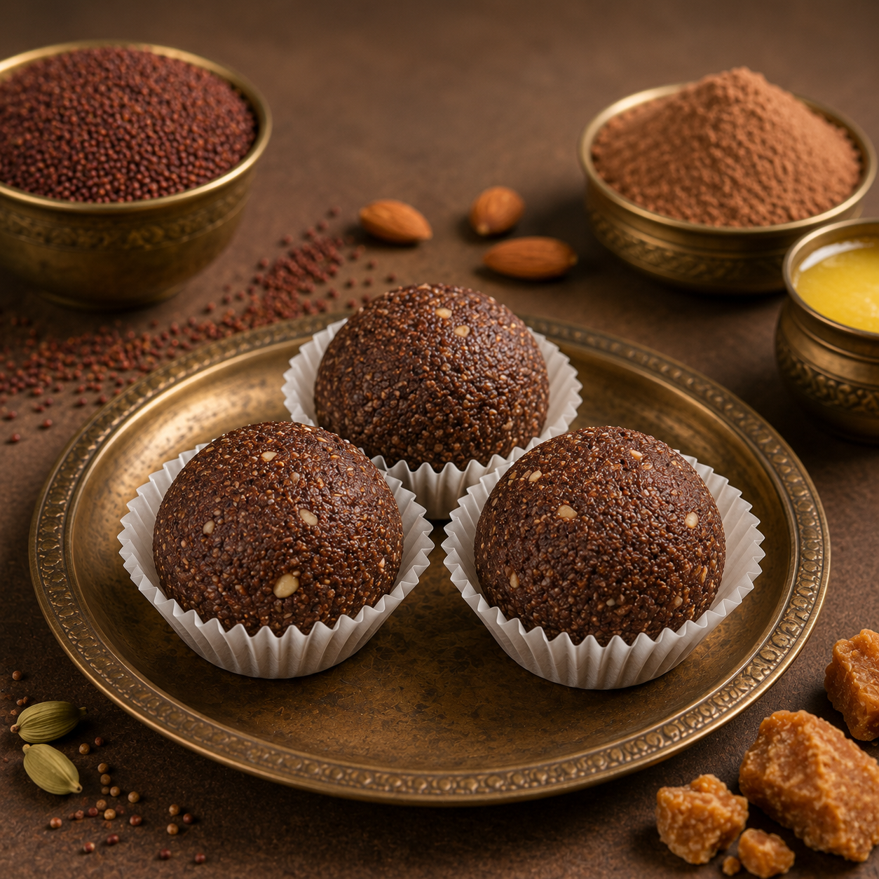 Ragi ladoo made with finger millet, jaggery and pure ghee