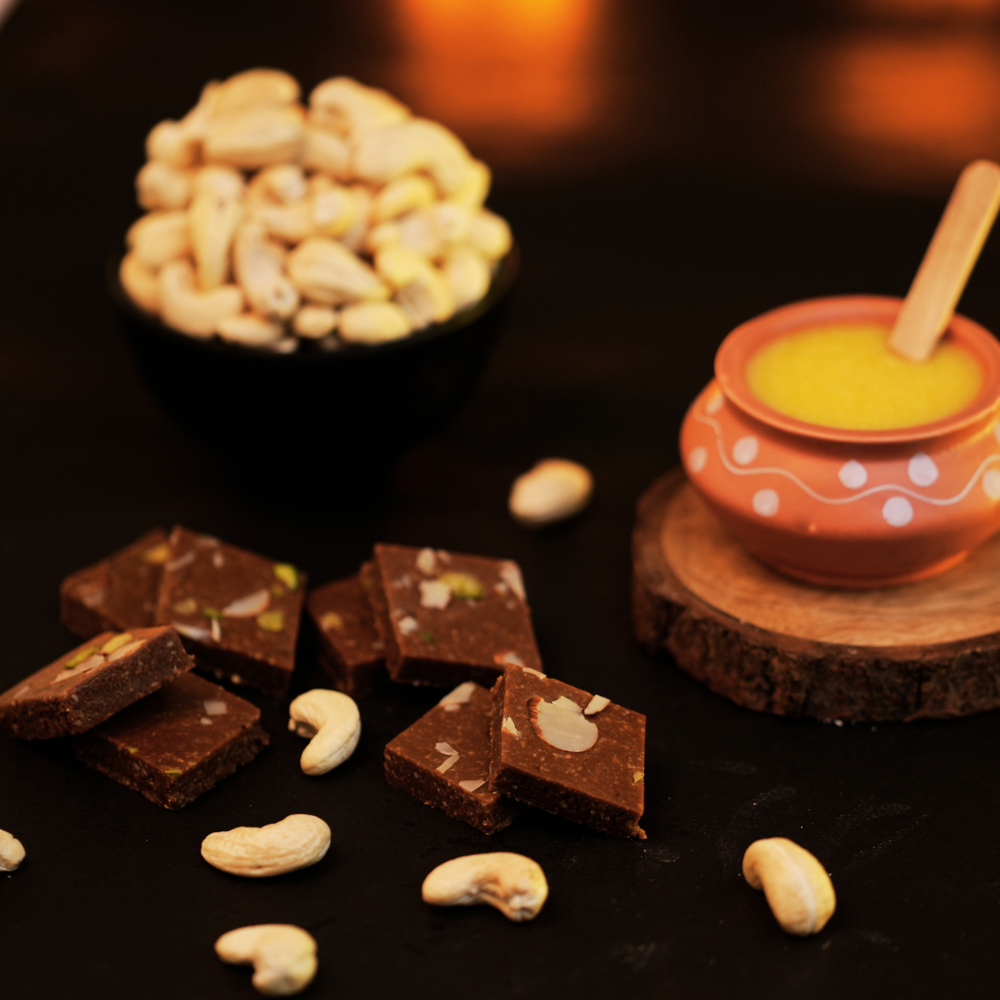 Close-up of maida-free kaju katli made with 100 percent premium cashews and organic sweeteners.