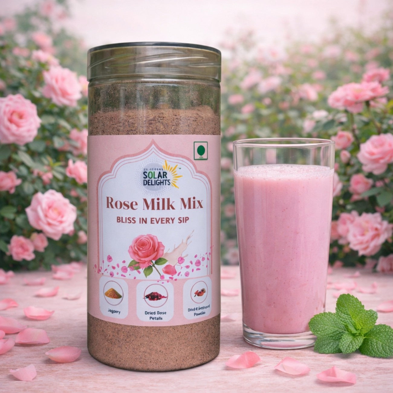 Pure Rose Milk Mix with no preservatives and natural jaggery sweetness