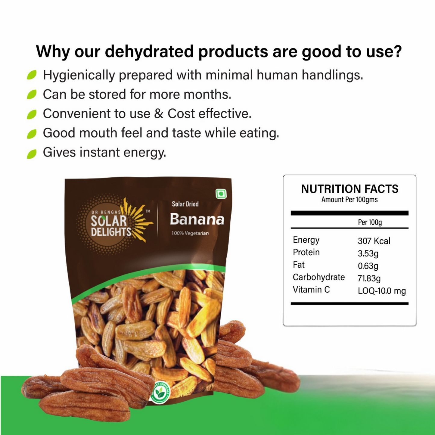 Solar dried banana fruit – healthy, fiber-rich dried fruits from Dr. Renga’s Solar Delights.