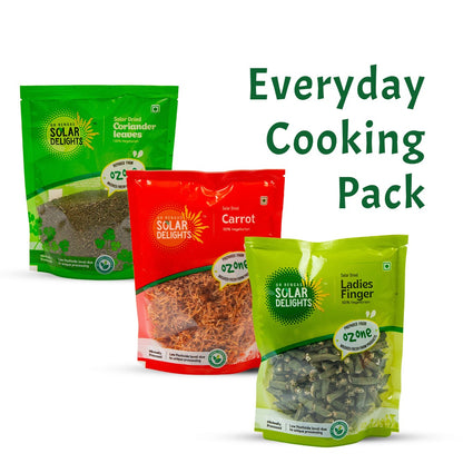 Solar dried carrot, okra, and coriander combo pack – healthy dried vegetables and leaves for easy, nutritious everyday cooking.