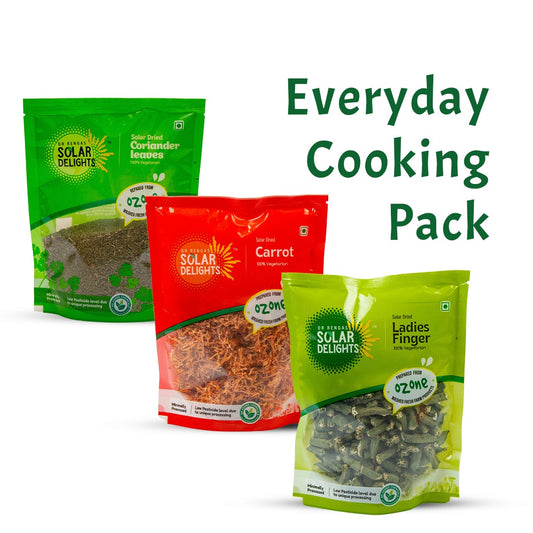 Solar dried carrot, okra, and coriander combo pack – healthy dried vegetables and leaves for easy, nutritious everyday cooking.