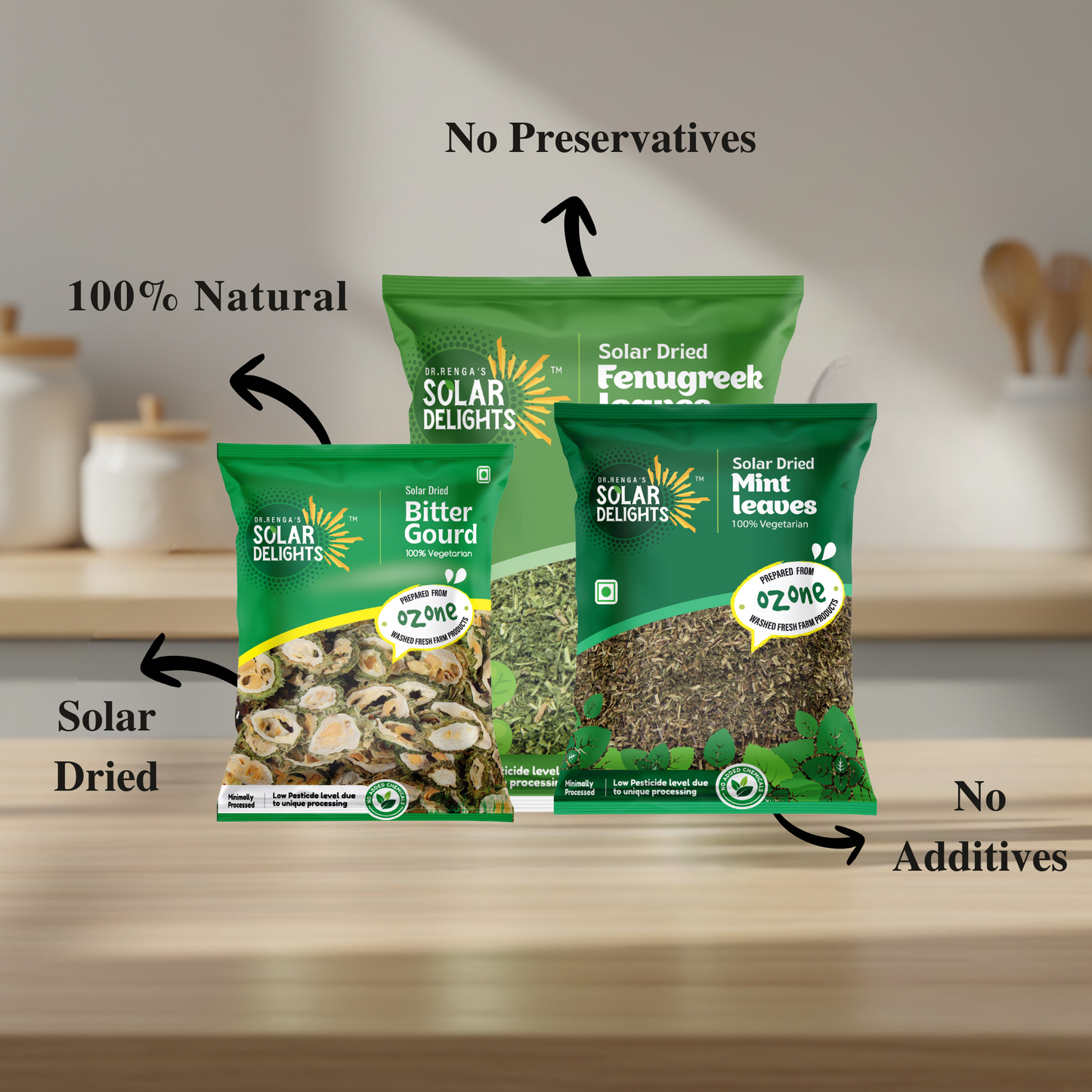 Weight Loss and Detox Combo contents showing individual portions of solar-dried mint leaves, dehydrated fenugreek (methi), and dried bitter gourd (karela) - natural detox ingredients for effective weight management and body cleanse