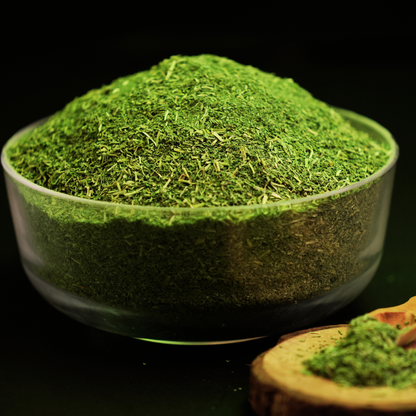Solar dried fenugreek leaves from Dr. Renga's 100-acre farm showing farm-to-pack journey