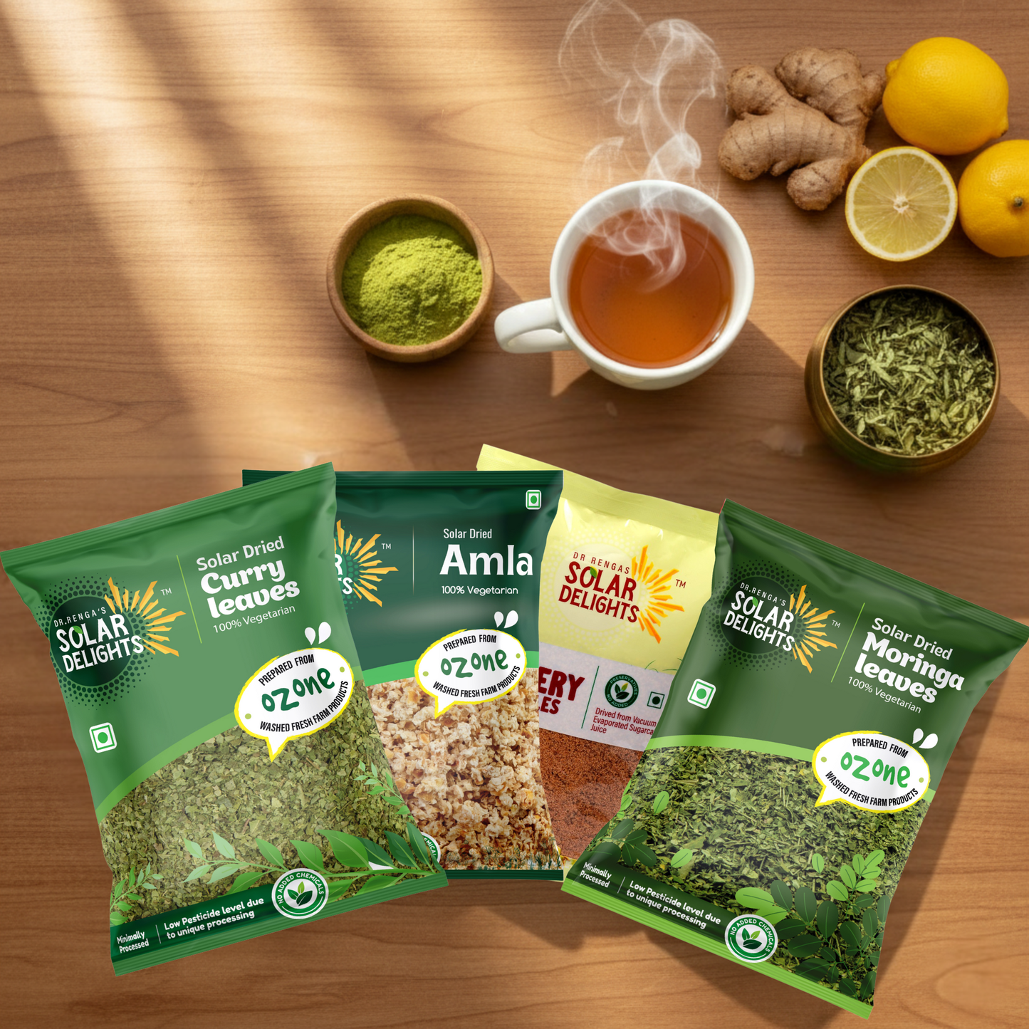 Dr. Renga's Premium Herbal Fusion 700g contents showing premium blend of solar-dried amla for vitamin C, moringa superfood leaves, natural jaggery sweetener, and dried curry leaves - complete herbal wellness composition