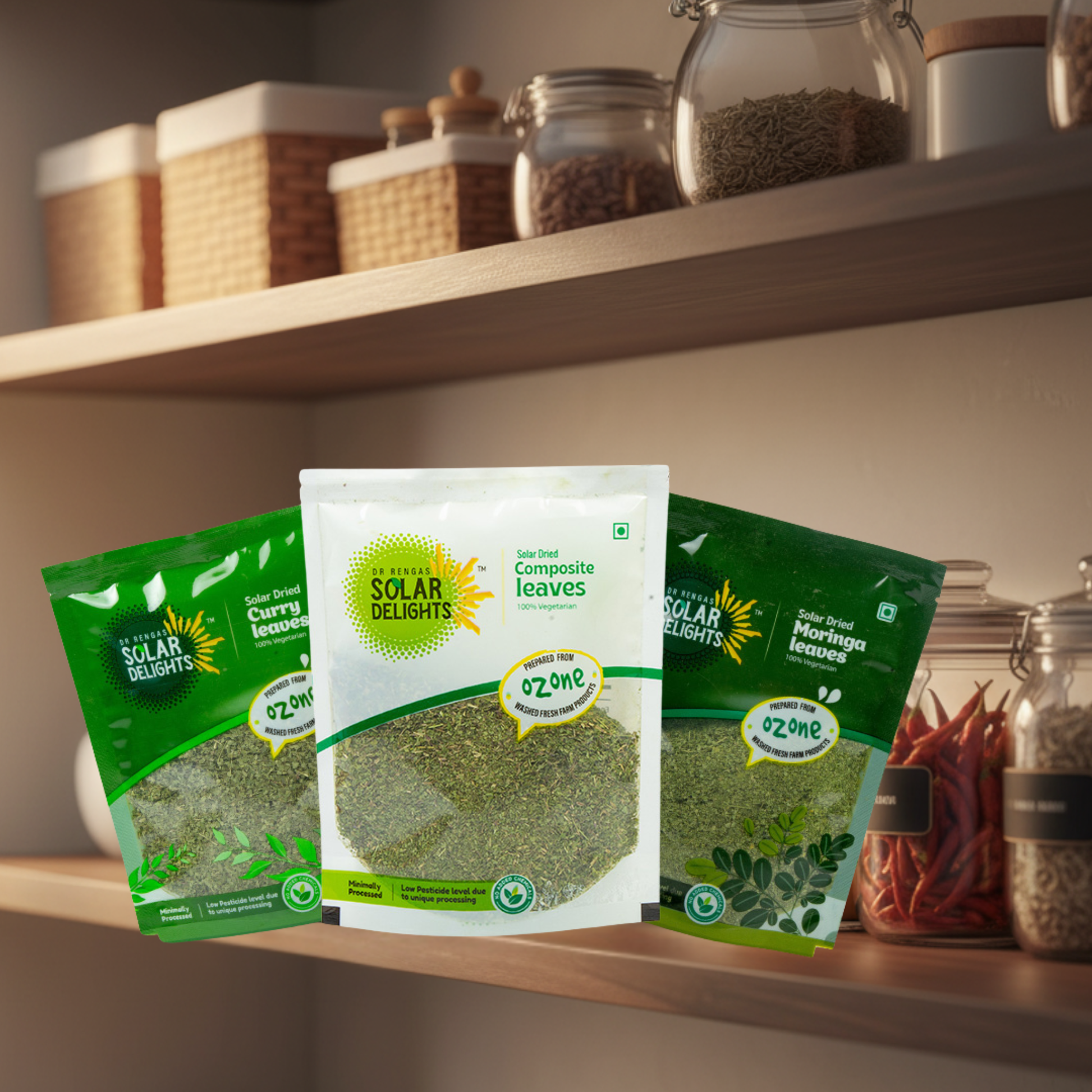 Natural Herbal Leaf Fusion contents showing premium blend of solar-dried composite leaves, moringa superfood leaves, and dried curry leaves - complete herbal composition for daily wellness routine in 300g package