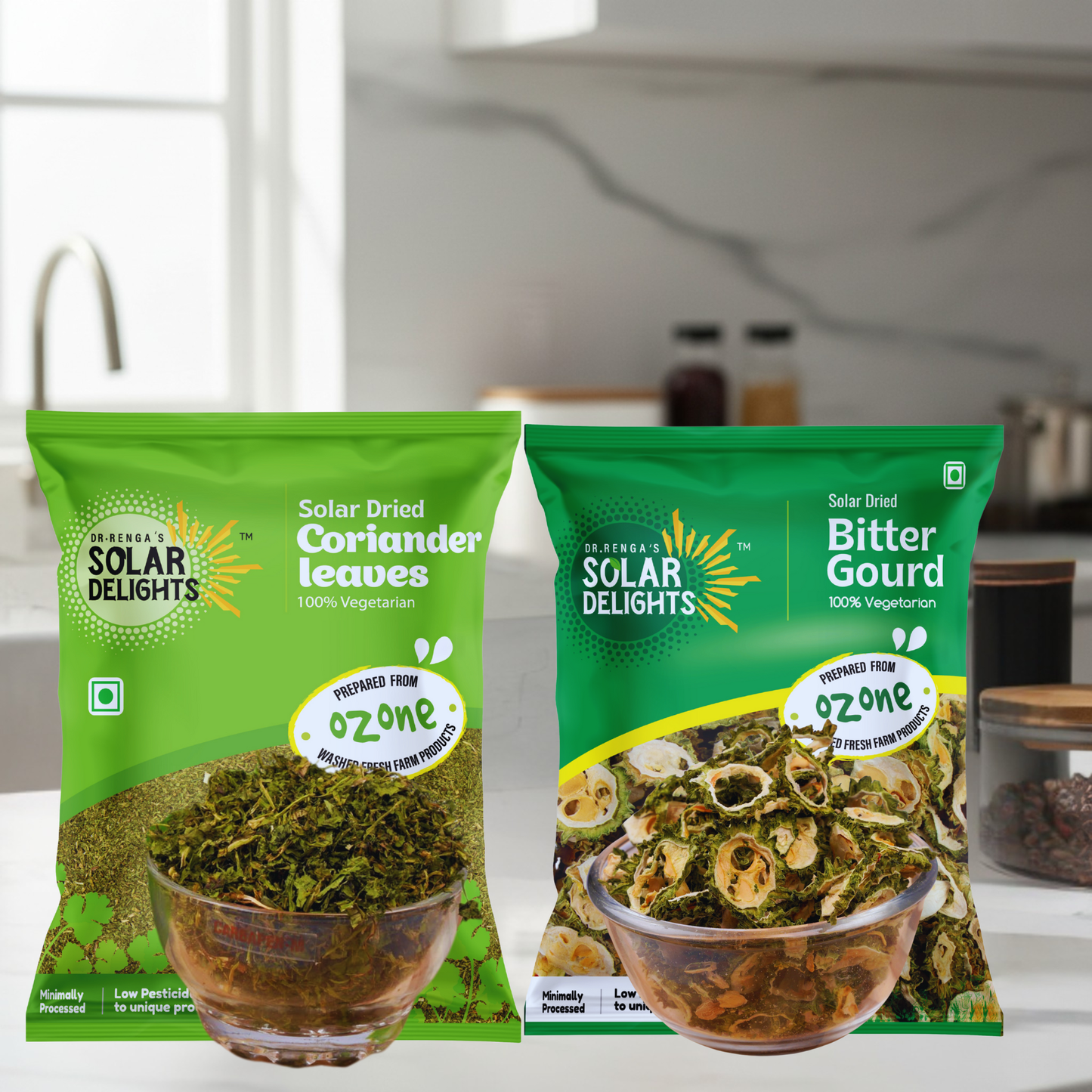 Healthy Lifestyle Pack contents showing individual portions of natural jaggery sweetener, solar-dried bitter gourd chips, dehydrated fenugreek seeds, and dried coriander leaves - complete wellness ingredients set