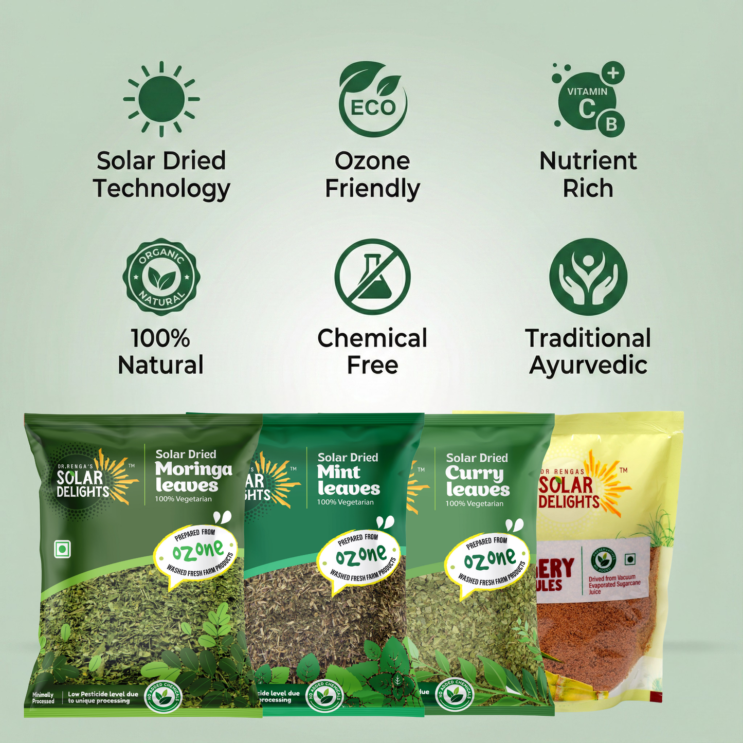 Herbal Energy Combo contents showing individual portions of solar-dried moringa (drumstick leaves), dehydrated peppermint, dried curry leaves, and natural jaggery granules - complete herbal wellness ingredients set