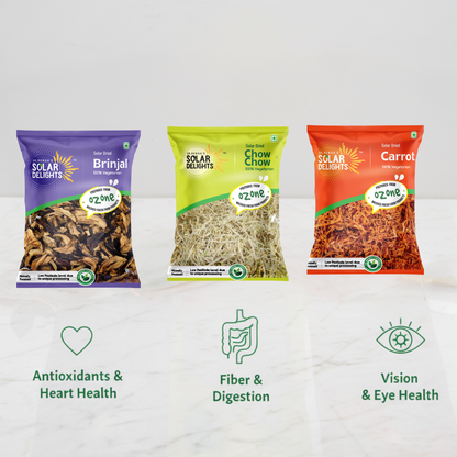 North Indian Cooking Combo contents showing individual portions of solar-dried chow chow, dehydrated brinjal (baingan), and dried carrot (gajar) - traditional North Indian vegetables for authentic sabzi preparation