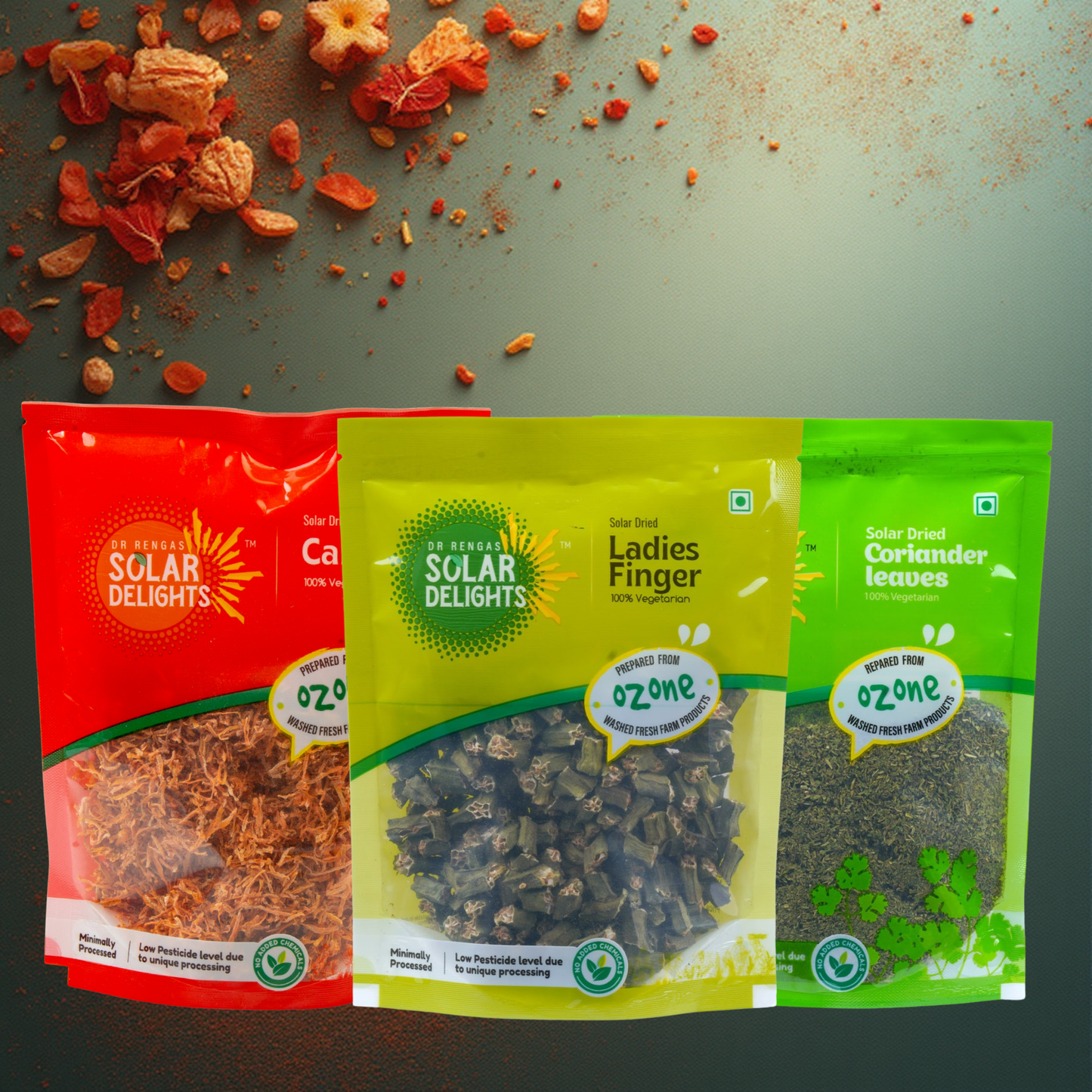 Everyday Cooking Pack contents showing individual portions of solar-dried coriander leaves, dehydrated carrot pieces, and dried okra (ladies finger) - natural dehydrated vegetables for everyday use