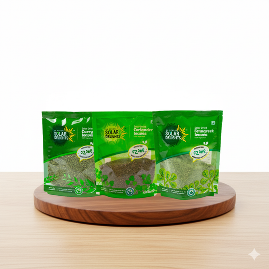South Indian Tadka Pack from Dr. Renga's Solar Delights featuring solar-dried curry leaves, dehydrated coriander, and dried fenugreek - chemical-free essential spice combo for authentic South Indian tempering and cooking