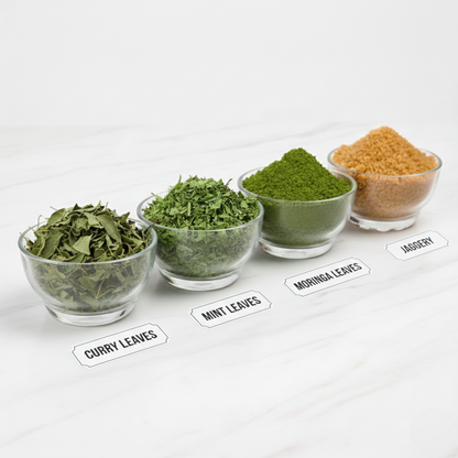 Superfood wellness Herbal Energy Combo with nutrient-dense moringa leaves, antioxidant mint, iron-rich curry leaves, and natural jaggery - complete herbal solution for immunity support and sustained energy