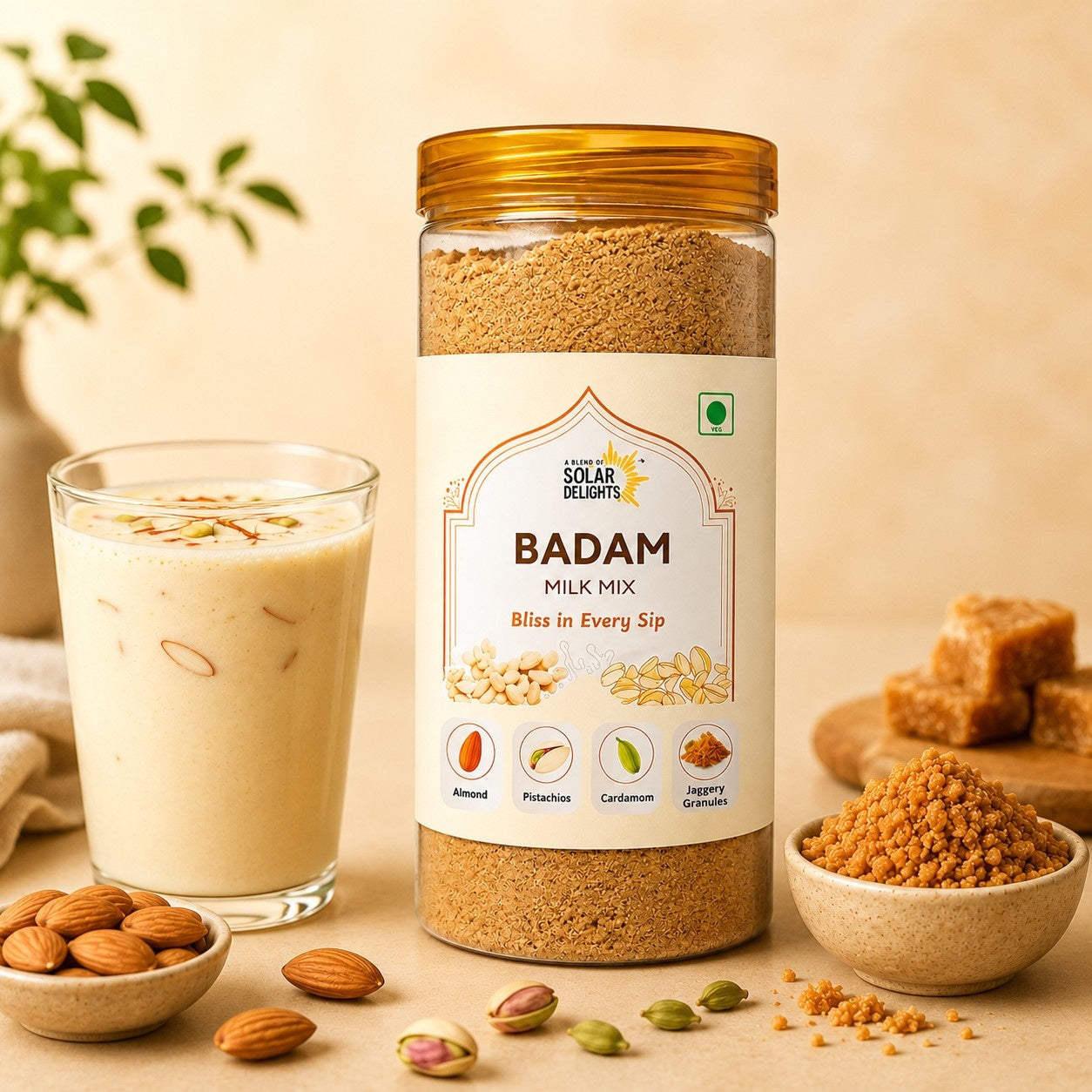 Premium Badam Milk Mix powder with rich almonds, saffron, and cardamom for creamy healthy drinks