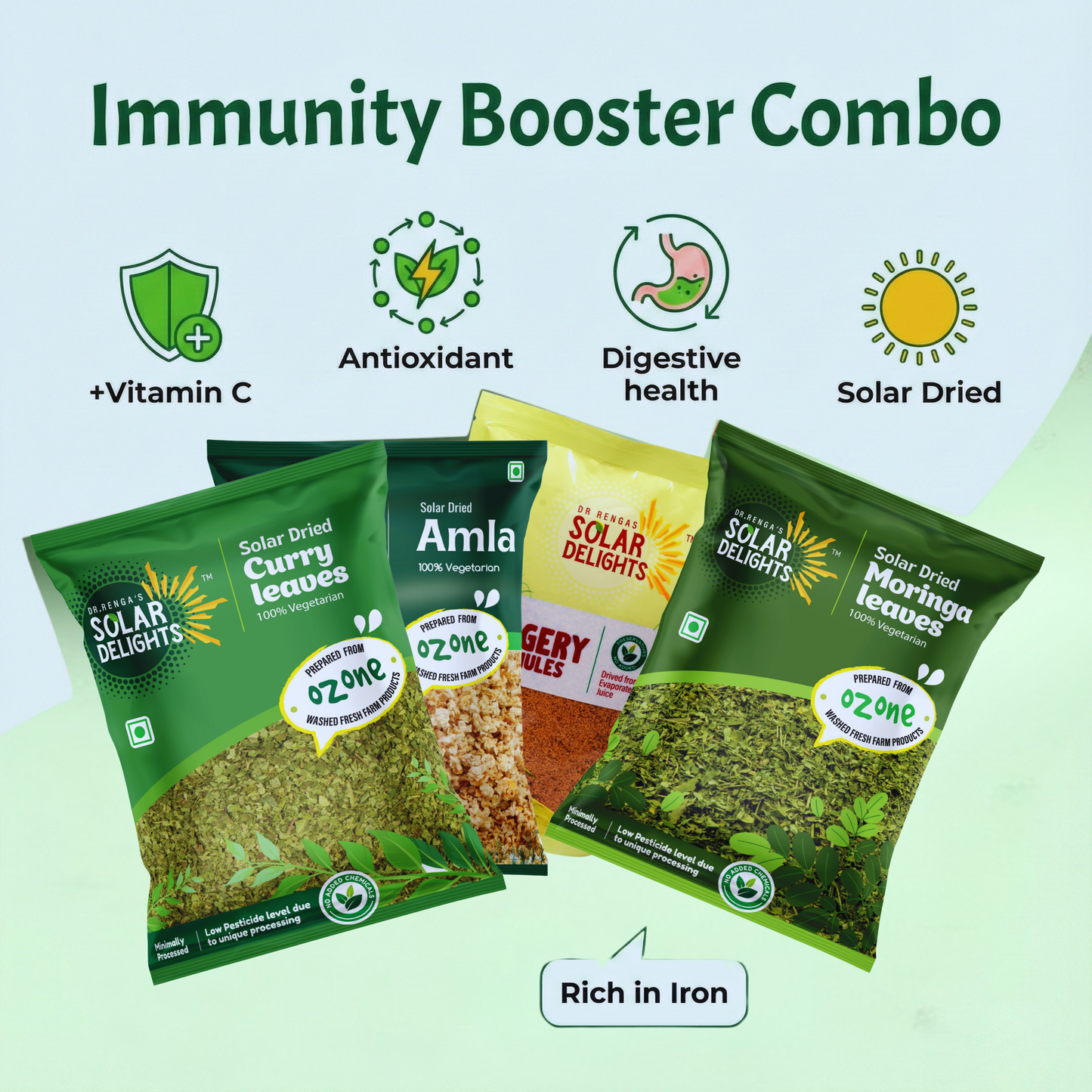 Immunity and vitamin C boost Dr. Renga's Herbal Fusion with solar-dried amla (rich in antioxidants), moringa superfood for nutrients, jaggery for natural energy, and curry leaves for health - complete wellness formula