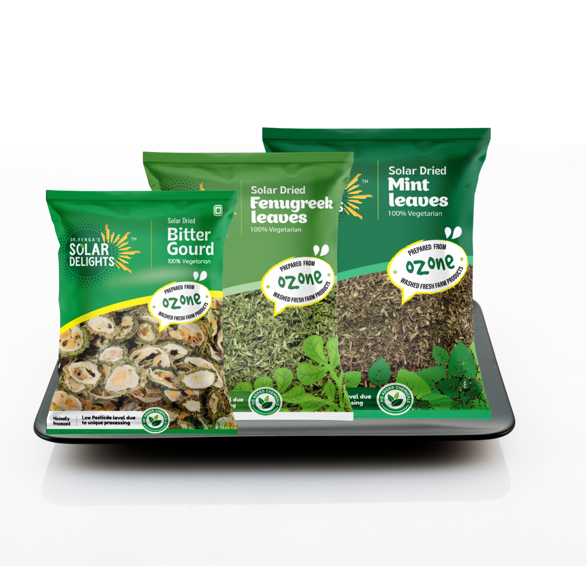 Weight Loss and Detox Combo from Dr. Renga's Solar Delights featuring solar-dried mint leaves, dehydrated fenugreek, and dried bitter gourd - chemical-free wellness combo designed for natural weight management and detoxification